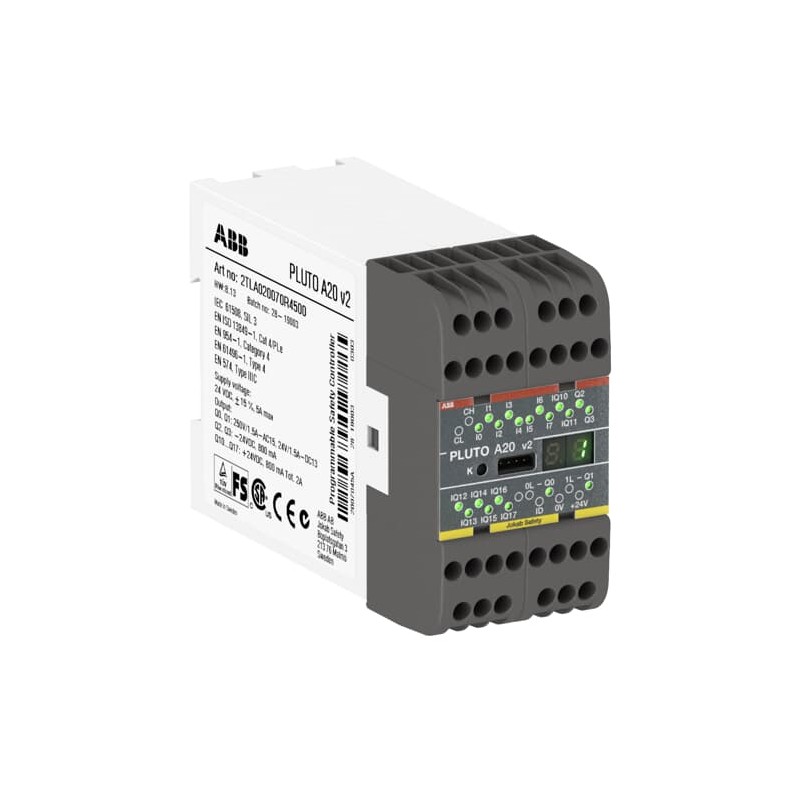 1 pcs - ABB A20 V2 Pluto Series Safety Controller, 16 Safety Inputs, 4 Safety Outputs, 24 V dc