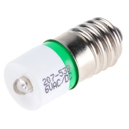 1 pcs - RS PRO Green LED Indicator Lamp, 6V ac/dc, E10 Base, 10mm Diameter, 1610mcd