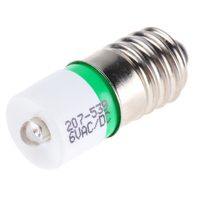1 pcs - RS PRO Green LED Indicator Lamp, 6V ac/dc, E10 Base, 10mm Diameter, 1610mcd