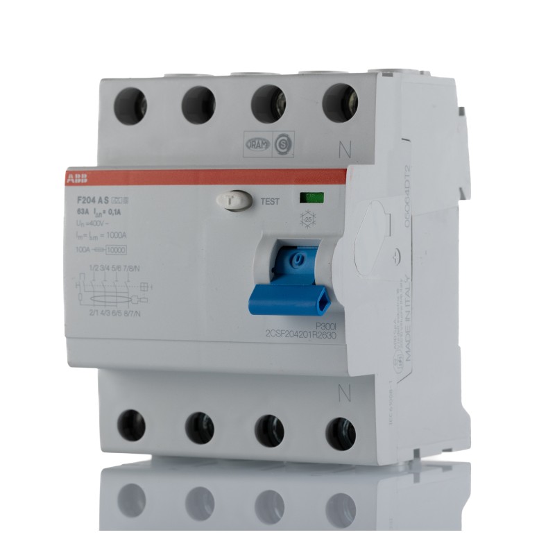 1 pcs - ABB F200 RCCB, 63A, 4 Pole, 100mA, Type A, 230/400V ac