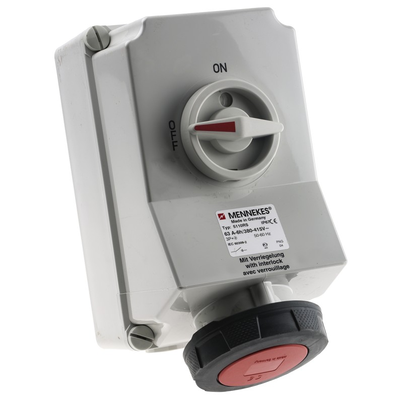 1 pcs - MENNEKES Switchable IP67 Industrial Interlock Socket 3P+E, Earthing Position 6h, 63A, 400 V