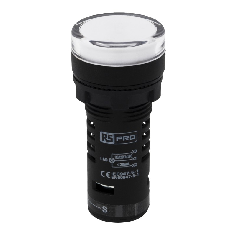 1 pcs - RS PRO, Panel Mount White LED Pilot Light, 22mm Cutout, IP65, Round, 120V ac/dc