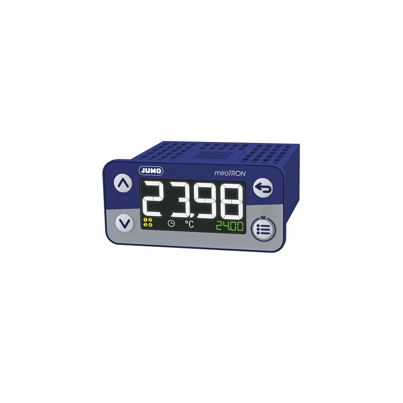 1 pcs - Jumo miroTRON Panel Mount Controller, 69 x 62 x 36mm 2 (1Analog 0 - 20mA, 1 DI) Input, 2 Output Relay, 230 V ac Supply