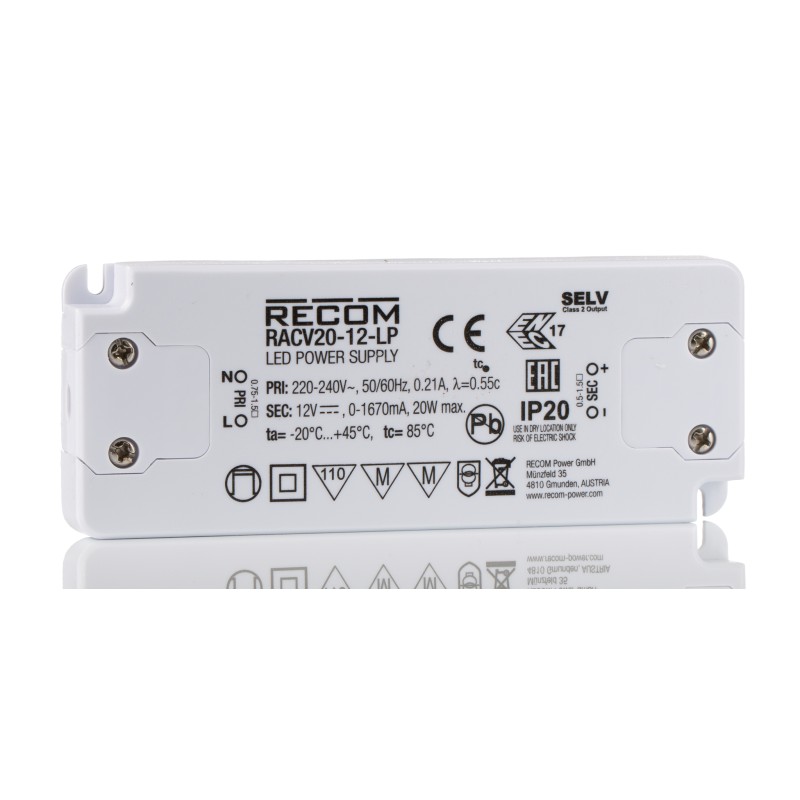 1 pcs - Recom LED Driver, 12V dc Output, 20W Output, 1.67A Output, Constant Voltage