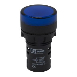 1 pcs - RS PRO, Panel Mount Blue LED Pilot Light, 22mm Cutout, IP65, Round, 12V ac/dc
