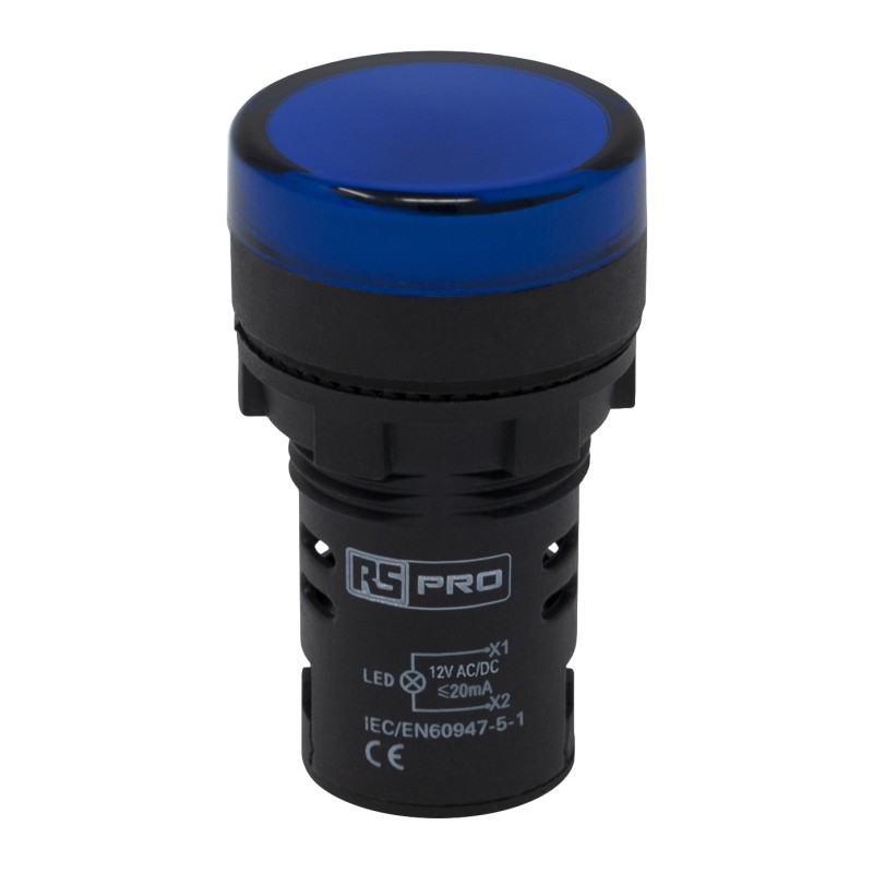 1 pcs - RS PRO, Panel Mount Blue LED Pilot Light, 22mm Cutout, IP65, Round, 12V ac/dc