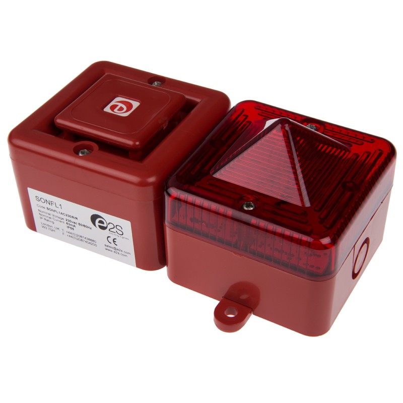 1 pcs - e2s SONFL1X Series Red Sounder Beacon, 230 V ac, IP66, Surface Mount, 100dB at 1 Metre