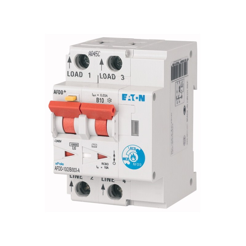 1 pcs - Eaton AFDD, 10A Current Rating, 2P Poles, 30mA Trip Sensitivity, Type B, AFDD+ Range