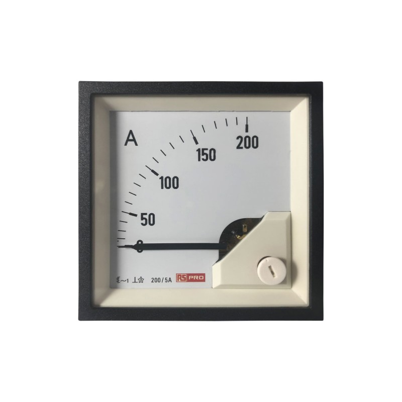 1 pcs - RS PRO Analogue Panel Ammeter 200 (Scle) A, 200/5 (CT) A, 5 (Input) A AC, 68mm x 68mm, 1 % Moving Iron