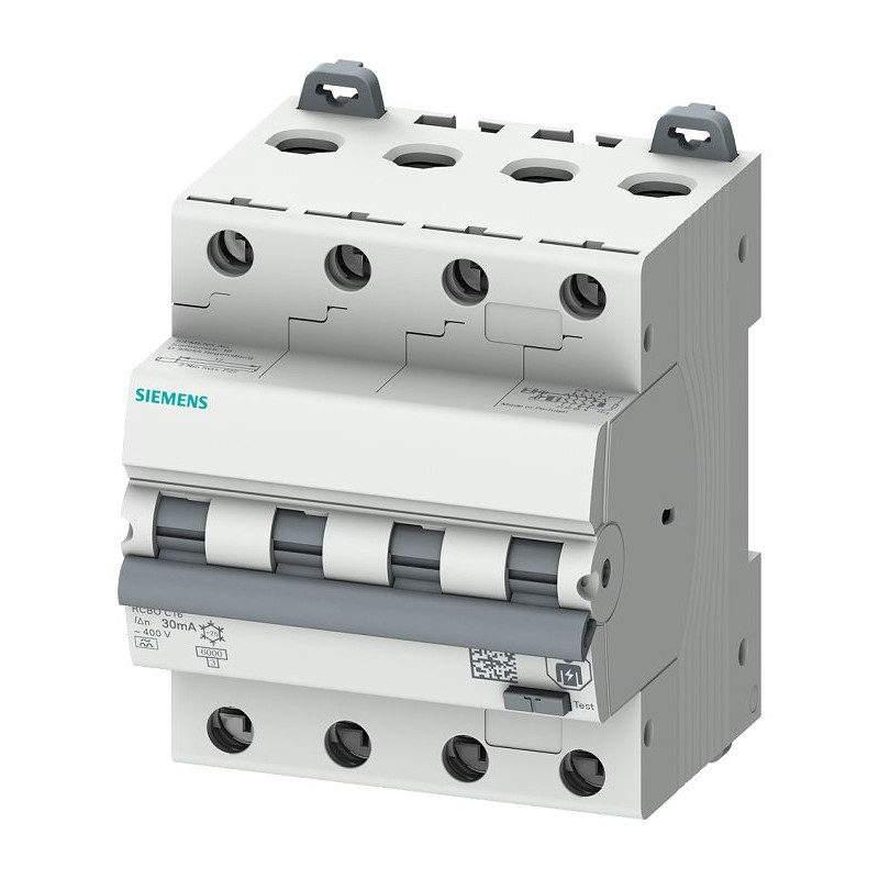 1 pcs - Siemens RCBO, 6A Current Rating, 4P Poles, 30mA Trip Sensitivity, Type C, Sentron Range