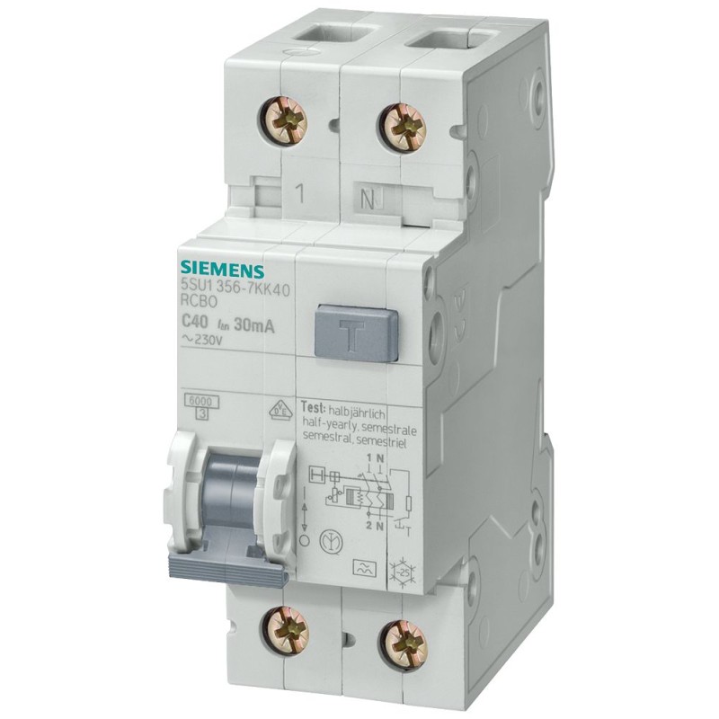 1 pcs - Siemens RCBO, 16A Current Rating, 2P Poles, 30mA Trip Sensitivity, Sentron Range