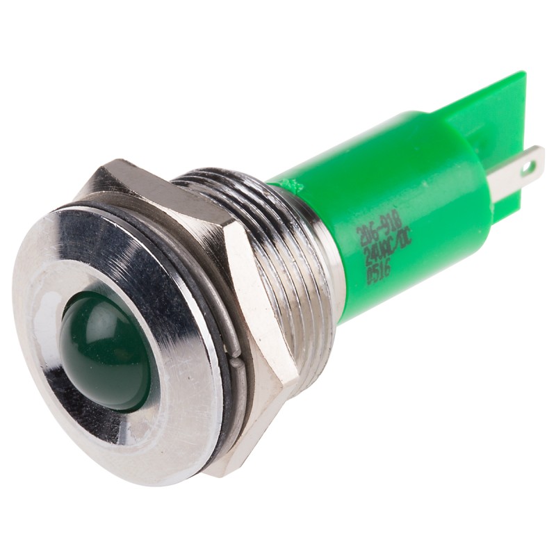 1 pcs - RS PRO Green Panel Mount Indicator, 24V, 19mm Mounting Hole Size, Solder Tab Termination, IP67