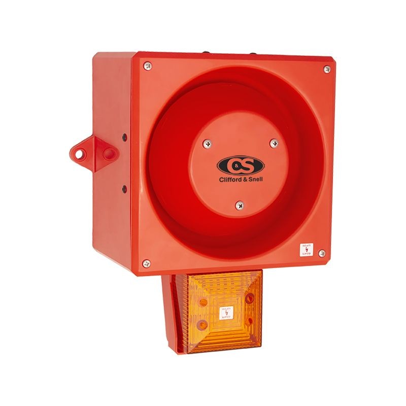 1 pcs - Clifford & Snell YL80 Hi Vis Series Amber Sounder Beacon, 230 V ac, IP66, Bulkhead, Flat Wall, 116dB at 1 Metre