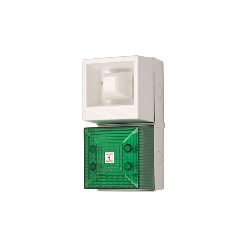 1 pcs - Clifford & Snell YL40 Series Green Sounder Beacon, 230 V ac, IP65, Bulkhead, Flat Wall, 108dB at 1 Metre