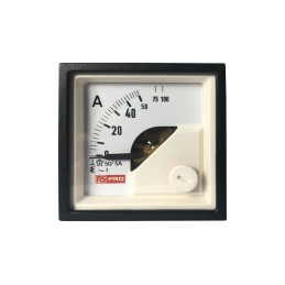1 pcs - RS PRO Analogue Panel Ammeter 10 (Input) A, 100 (Scle) A, 50/5 (CT) A AC, 45mm x 45mm, 1 % Moving Iron