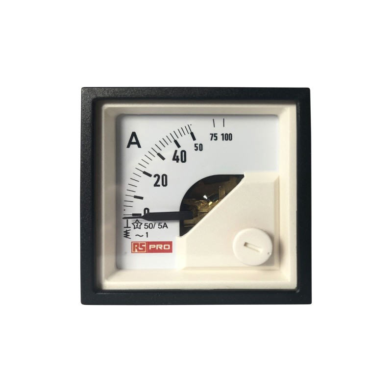 1 pcs - RS PRO Analogue Panel Ammeter 10 (Input) A, 100 (Scle) A, 50/5 (CT) A AC, 45mm x 45mm, 1 % Moving Iron