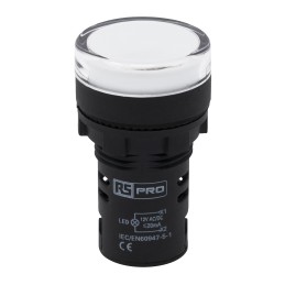 1 pcs - RS PRO, Panel Mount White LED Pilot Light, 22mm Cutout, IP65, Round, 12V ac/dc