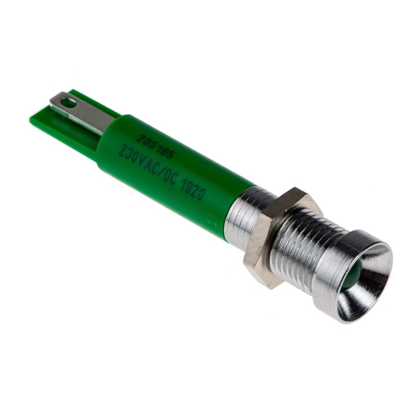 1 pcs - RS PRO Green Panel Mount Indicator, 230V ac, 8mm Mounting Hole Size