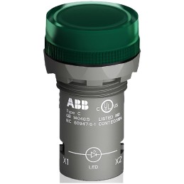 1 pcs - ABB, CL2-502G, Panel Mount Green LED Pilot Light, 22mm Cutout, IP66, IP67, IP69K, Round, 24V ac/dc