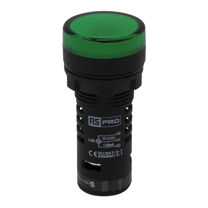 1 pcs - RS PRO, Panel Mount Green LED Pilot Light, 22mm Cutout, IP65, Round, 12V ac/dc