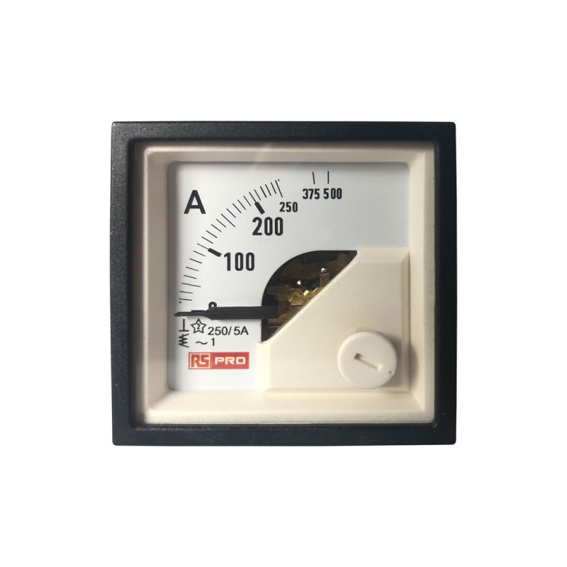 1 pcs - RS PRO Analogue Panel Ammeter 10 (Input) A, 250/5 (CT) A, 500 (Scle) A AC, 45mm x 45mm, 1 % Moving Iron
