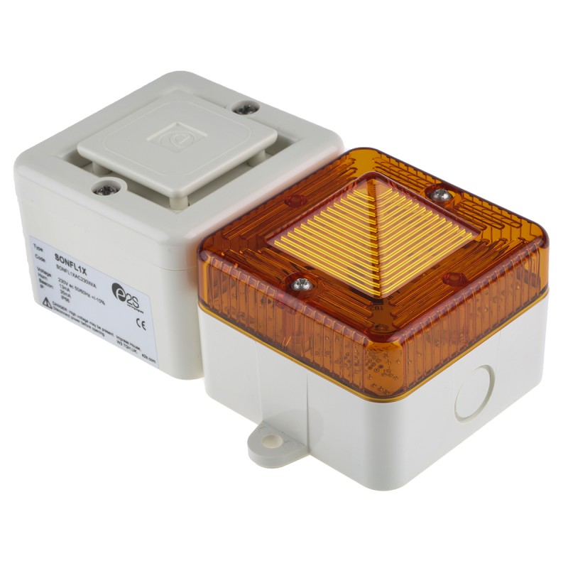 1 pcs - e2s SONFL1X Series Amber Sounder Beacon, 230 V ac, IP66, Surface Mount, 100dB at 1 Metre