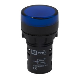 1 pcs - RS PRO, Panel Mount Blue LED Pilot Light, 22mm Cutout, IP65, Round, 230V ac