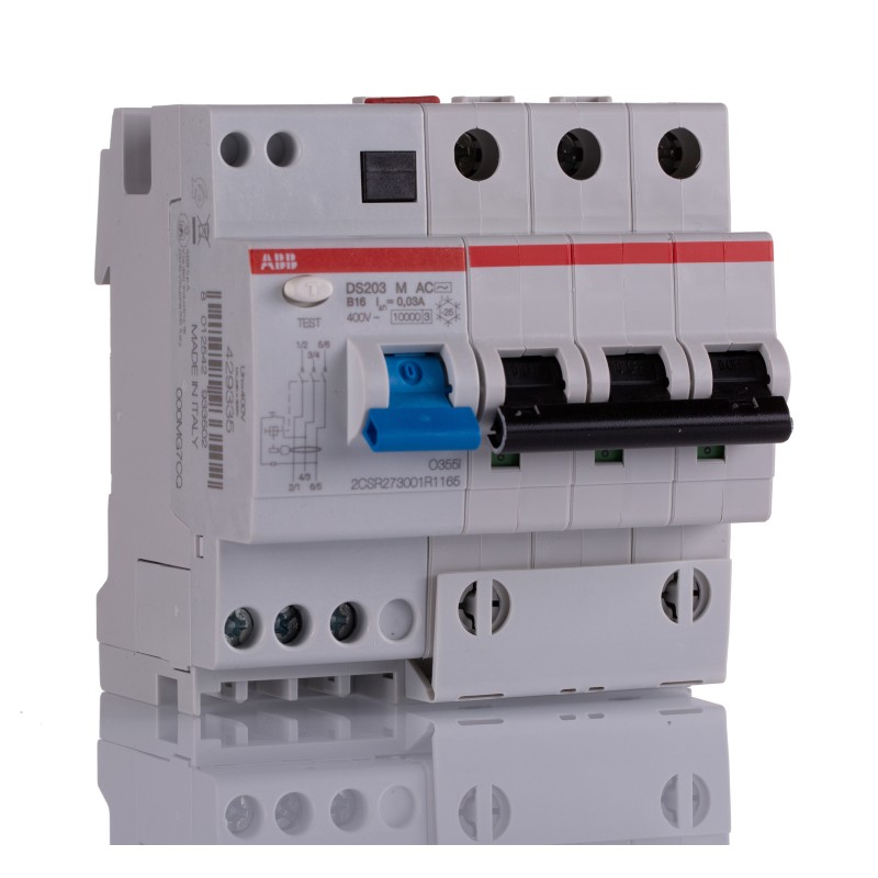 1 pcs - ABB RCBO, 16A Current Rating, 3P Poles, 30mA Trip Sensitivity, Type B, System Pro M Compact Range