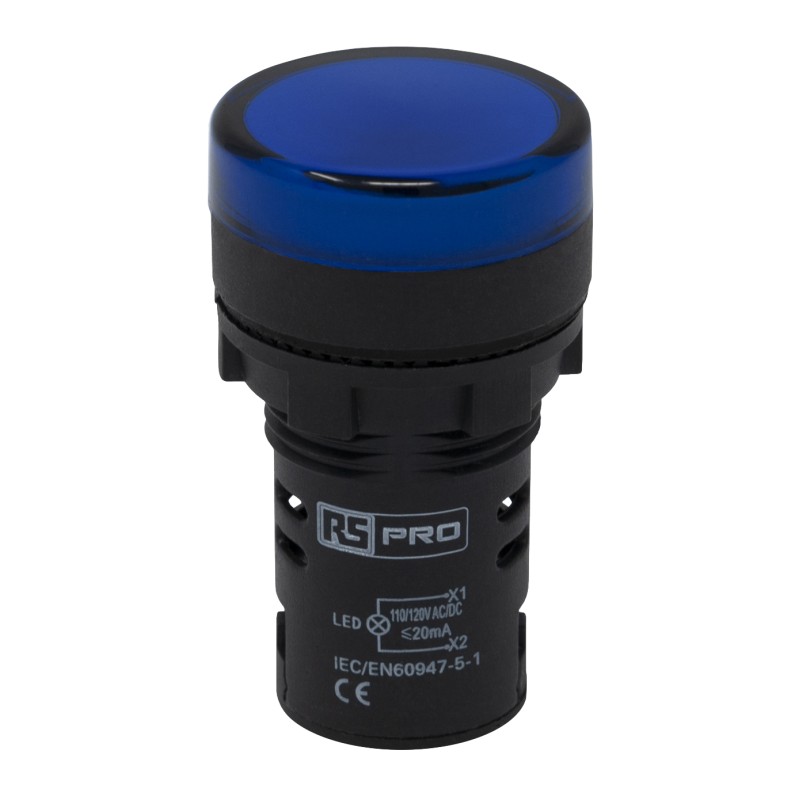 1 pcs - RS PRO, Panel Mount Blue LED Pilot Light, 22mm Cutout, IP65, Round, 110V ac