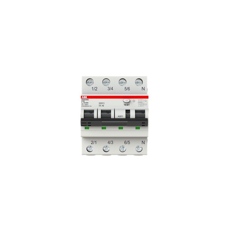 1 pcs - ABB RCBO, 16A Current Rating, 4P Poles, 30mA Trip Sensitivity, Type C