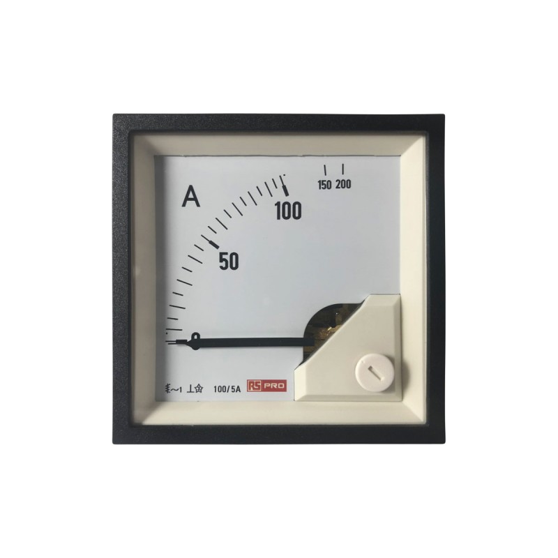 1 pcs - RS PRO Analogue Panel Ammeter 10 (Input) A, 100/5 (CT) A, 200 (Scle) A AC, 68mm x 68mm, 1 % Moving Iron