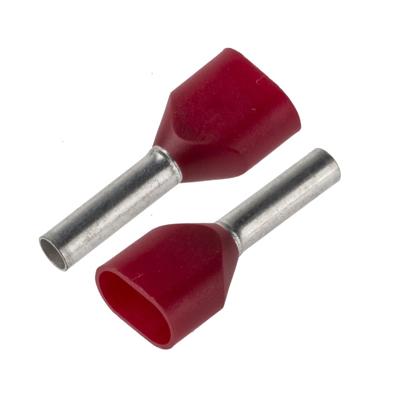 100 pcs - JST, TWE Insulated Crimp Bootlace Ferrule, 8mm Pin Length, 2.3mm Pin Diameter, 2 x 1mm² Wire Size, Red