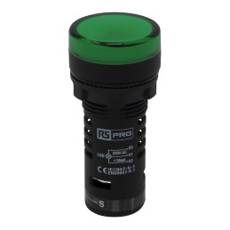 1 pcs - RS PRO, Panel Mount Green LED Pilot Light, 22mm Cutout, IP65, Round, 230V ac