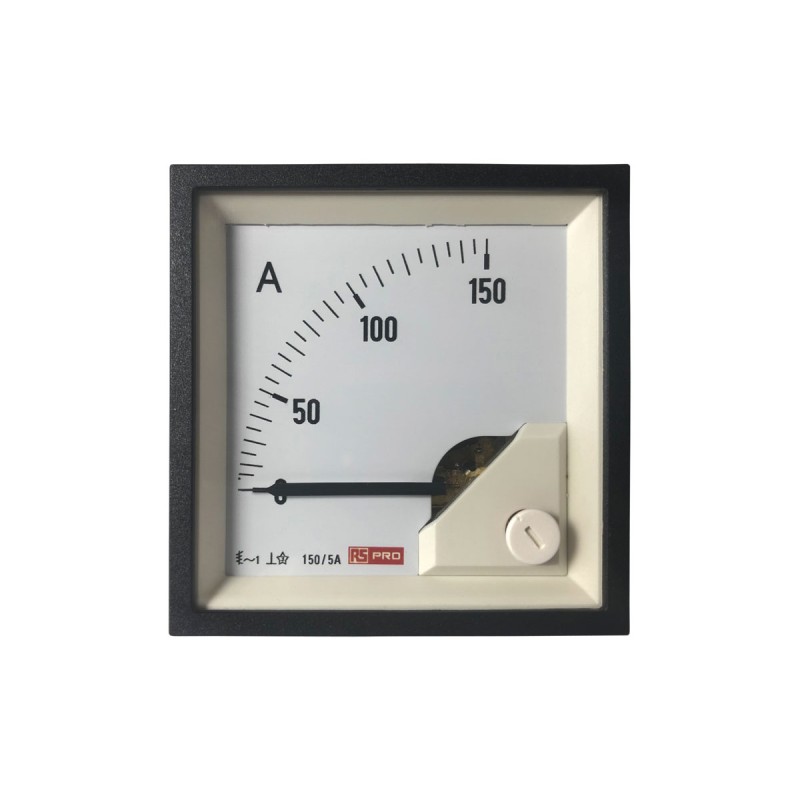 1 pcs - RS PRO Analogue Panel Ammeter 150 (Scle) A, 150/5 (CT) A, 5 (Input) A AC, 68mm x 68mm, 1 % Moving Iron