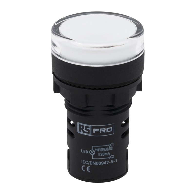 1 pcs - RS PRO, Panel Mount White LED Pilot Light, 22mm Cutout, IP65, Round, 110V ac