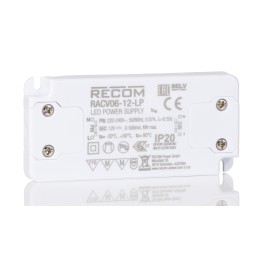 1 pcs - Recom LED Driver, 12V dc Output, 6W Output, 500mA Output, Constant Voltage