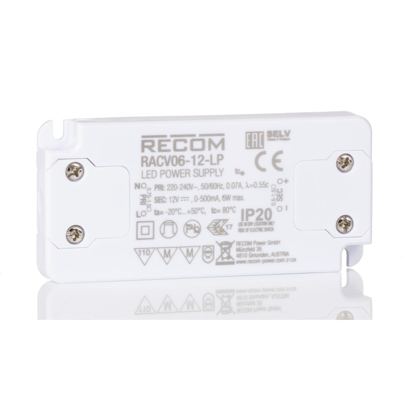 1 pcs - Recom LED Driver, 12V dc Output, 6W Output, 500mA Output, Constant Voltage