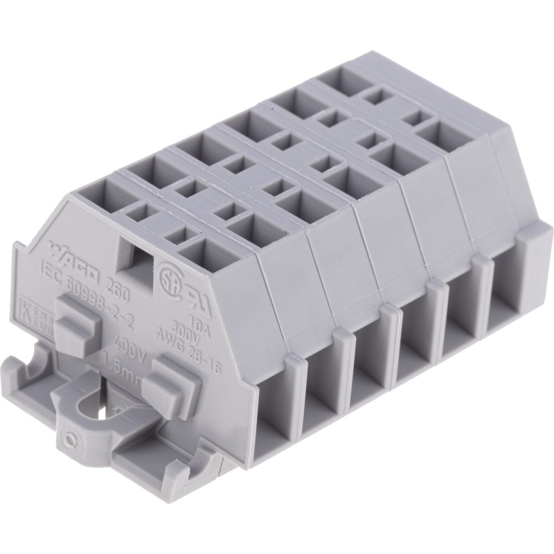 5 pcs - Wago 260 Series Grey Terminal Strip, 1.5mm², Single-Level, Cage Clamp Termination