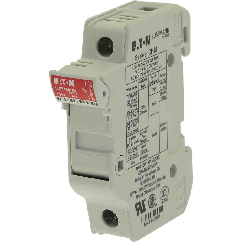 1 pcs - Eaton 32A Rail Mount Fuse Holder for 10 x 38mm Fuse, 1P, 690V ac