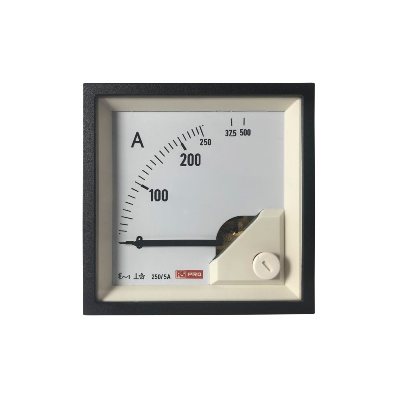 1 pcs - RS PRO Analogue Panel Ammeter 10 (Input) A, 250/5 (CT) A, 500 (Scle) A AC, 68mm x 68mm, 1 % Moving Iron
