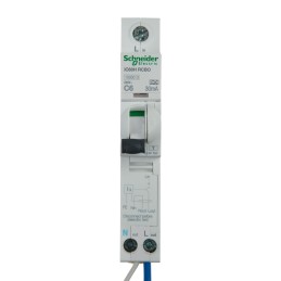 1 pcs - Schneider Electric RCBO, 6A Current Rating, 1P+N Poles, 30mA Trip Sensitivity, Type C, Acti 9 Range