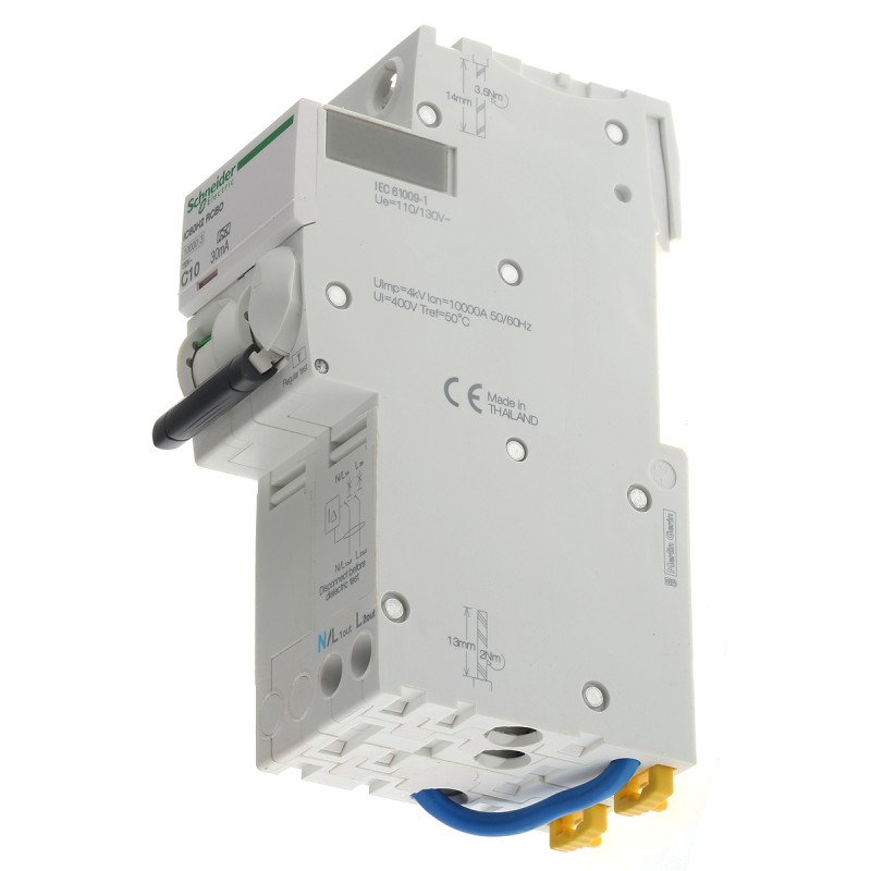 1 pcs - Schneider Electric RCBO, 10A Current Rating, 2P Poles, 30mA Trip Sensitivity, Type C, Acti 9 Range
