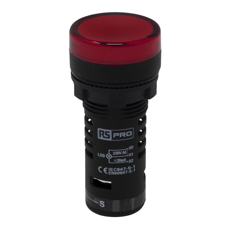 1 pcs - RS PRO, Panel Mount Red LED Pilot Light, 22mm Cutout, IP65, Round, 230V ac
