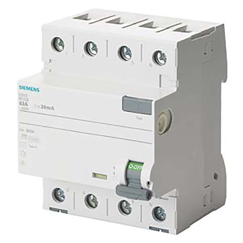 1 pcs - Siemens 5SV3 RCCB, 63A, 4 Pole, 30mA, Type A