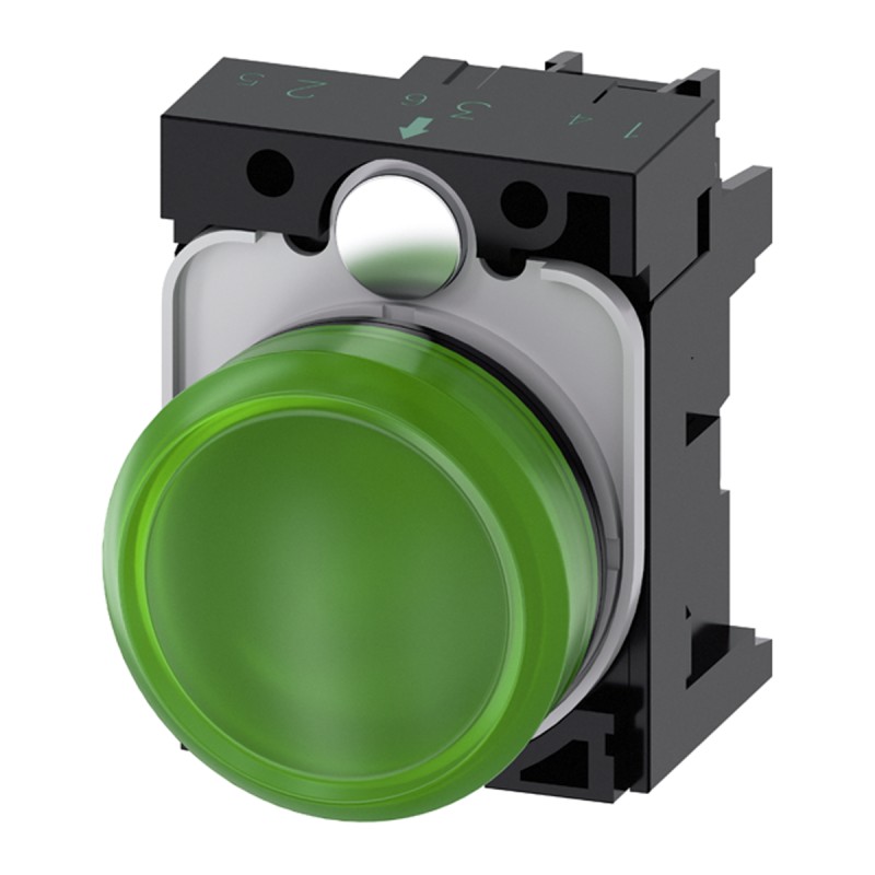 1 pcs - Siemens, SIRIUS ACT, Panel Mount Green LED Pilot Light, 22mm Cutout, IP20, Round, 24V ac/dc