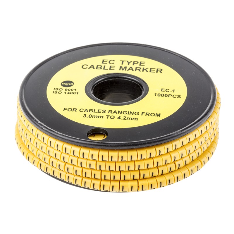 1 Reel of 1000 - RS PRO Slide On Cable Markers, Black on Yellow, Pre-printed 'L', 3 - 4.2mm Cable