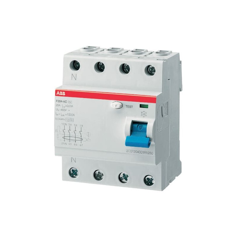 1 pcs - ABB F200 RCCB, 25A, 4 Pole, 500mA, Type AC, 230V ac