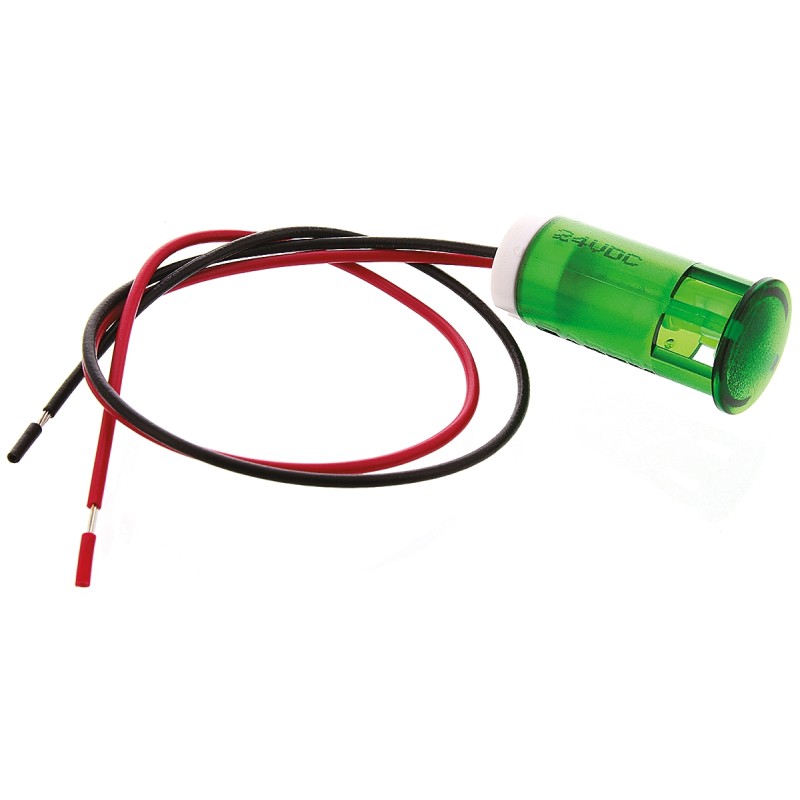 1 pcs - APEM Green Panel Mount Indicator, 24V dc, 12mm Mounting Hole Size, Lead Wires Termination