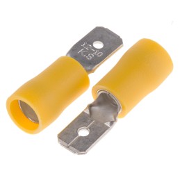 100 pcs - RS PRO Yellow Insulated Male Spade Connector, Tab, 6.35 x 0.8mm Tab Size, 4mm² to 6mm²