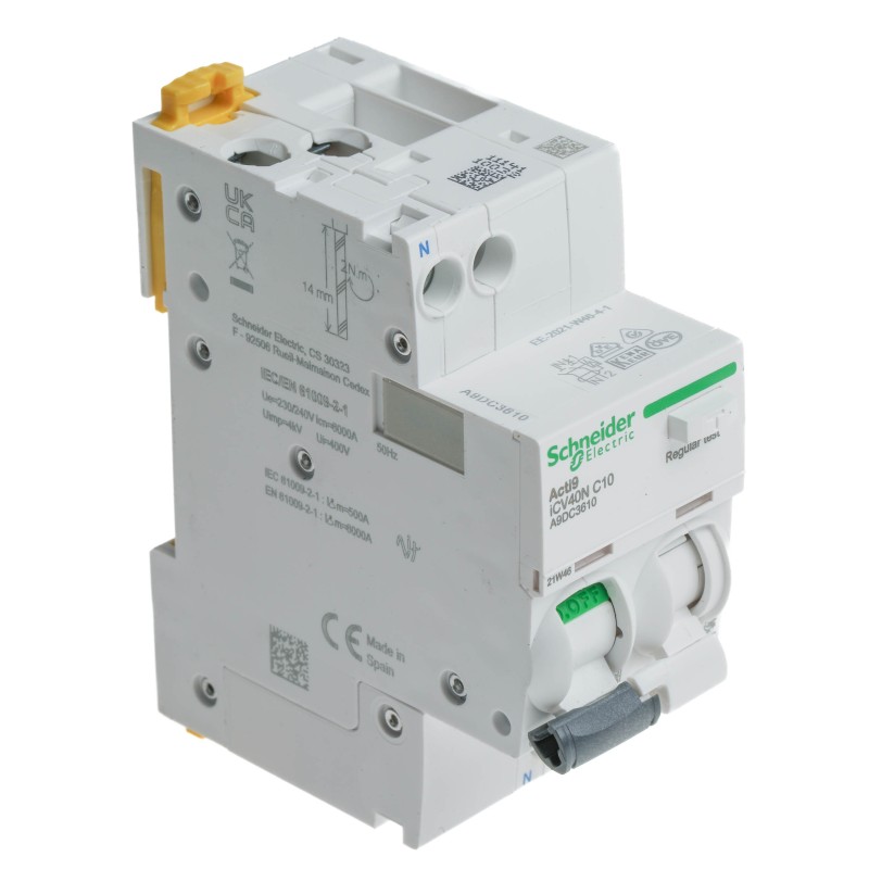 1 pcs - Schneider Electric RCBO, 10A Current Rating, 1P Poles, 30mA Trip Sensitivity, Type C, Acti9 Range